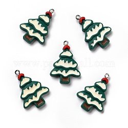 Pendentifs en résine opaque, avec boucles en fer couleur platine, arbre de Noël, vert foncé, 32x22.5x5mm, Trou: 2mm
