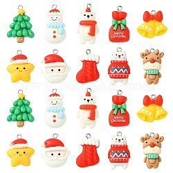 40Pcs 10 Styles Opaque Resin Pendants, Christmas Theme Charms, with Platinum Tone Iron Loops, Santa Claus & Bell & Reindeer, Mixed Color, 15~27x15~20.5x5~7.5mm, Hole: 2mm, 4pcs/style