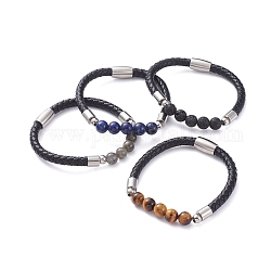 Bracelets cordon en cuir unisexes, avec des perles rondes de pierre naturelle, 304 fermoir magnétique en acier inoxydable et perles rondelles, avec boîte d'emballage en carton, 8-1/8 pouce (20.5 cm)