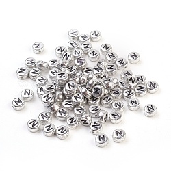 Perles de lettre à trou horizontal acrylique plaqué couleur argent, plat rond, letter.n, 7x3.5mm, Trou: 1mm, environ 28 pcs/4 g