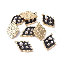 Pendentifs en émail, avec les accessoires en laiton et perles acryliques, véritable 18k plaqué or, losange, noir, 19.5x12.3x4mm, Trou: 1mm
