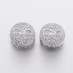Messing Mikro ebnen Zirkonia European Beads, Großloch perlen, flach rund mit Wort Mama, Transparent, Platin Farbe, 11.5x9 mm, Bohrung: 4.5 mm