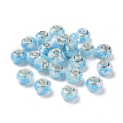 Transparente europäische Rondellperlen aus Harz, Großloch perlen, mit weihnachtlichem Schneeflocken-Polymer-Ton und platinfarbenen Doppelkernen aus einer Legierung, Licht Himmel blau, 14x8.5 mm, Bohrung: 5 mm