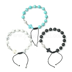 3Pcs 3 Style Gemstone Round & Cross Braided Bead Bracelets, Adjustable Nylon Cord Bracelets for Women, Inner Diameter: 2-1/8~3-1/8 inch(5.5~8cm), 1style/pc