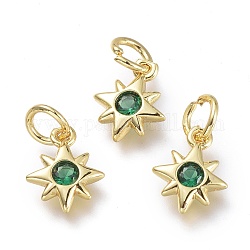Brass Micro Pave Cubic Zirconia Pendants, with Jump Rings, Star, Real 18K Gold Plated, Dark Green, 10x8x2mm, Hole: 3.5mm