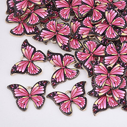 Colgantes de la aleación impresos, con esmalte, mariposa, la luz de oro, de color rosa oscuro, 15.5x22x2mm, agujero: 1.8 mm