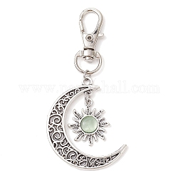 Moon & Sun Alloy Pendant Decorations, Cat Eye and Alloy Swivel Lobster Claw Clasps Charm, Antique Silver & Platinum, Lime Green, 73mm