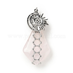 Natural Rose Quartz Pendants, Teardrop Charm, with Stainless Steel Color Plated 304 Stainless Steel Sun Findings and Jump Ring, 35~40x18~20x8~10mm, Jump Ring: 3.8x0.7mm, Inner Diameter: 2.4mm