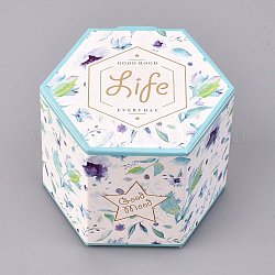 Boîte d'emballage de bonbons de forme hexagonale, boîte de cadeau de fête de mariage, des boites, fleur et mot bonne humeur vie quotidienne modèle, cyan, 7.1x8.2x6.3 cm, déplier: 22.9x12.25x0.08cm