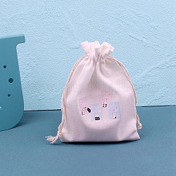 Printed Cotton Cloth Storage Pouches, Rectangle Drawstring Bags, for Candy Gift Bags, White, Paw Print, 14x10cm