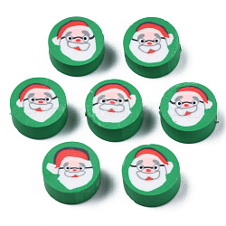 Perles en pâte polymère manuel, style de noël, Plat rond avec père Noël, vert de mer, 9x4~4.5mm, Trou: 1.6mm