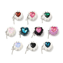Perles de strass en argile polymère, avec cabochon en acrylique et en verre et découverte en alliage, coeur avec couronne et rose, couleur mixte, 25x28x18mm, Trou: 1.8mm