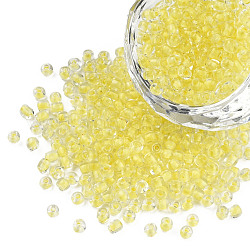 Bagliore nelle perle di semi di vetro trasparente luminoso scuro, tondo, giallo champagne, 3.5x1.6mm, Foro: 1 mm, circa 18200pcs/450g, 450 g / borsa