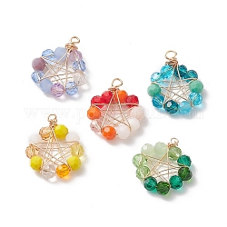 Glass Beaded Flat Round Pendants, with Real 18K Gold Plated Eco-Friendly Round Copper Wire Wrapped Pentagram, Mixed Color, 30.5x23.5x6mm, Hole: 3mm