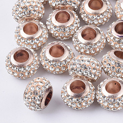 Perles européen avec strass en argile polymère, avec des noyaux simples en laiton, Perles avec un grand trou   , rondelle, or clair, cristal, pp11 (1.7~1.8mm), 11x8mm, Trou: 5mm