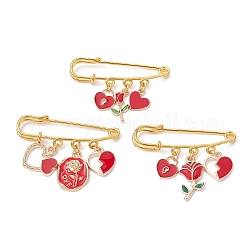 3Pcs 3 Style Valentine's Day Heart/Rose Alloy Enamel Charms Safety Pin Brooch, Golden Iron Kilt Pin for Waist Pants Tightener Women, Golden, 34~40x50mm, 1pc/style