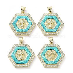 Rack Plating Brass Micro Pave Clear Cubic Zirconia Pendants, with Synthetic Opal, Cadmium Free & Lead Free, Long-Lasting Plated, Real 18K Gold Plated, Flat Round, Hexagon, 24x24x4mm, Hole: 5x3.3mm