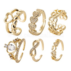6Pcs 6 Styles Brass Micro Pave Clear Cubic Zirconia Cuff Rings, Open Rings, Long-Lasting Plated, Heart & Hollow Flower & Infinity, Real 18K Gold Plated, Inner Diameter: 16~17mm, 1pc/style