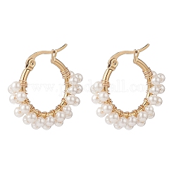 Aretes de aro con cuentas y perlas de concha, joyería de envoltura de alambre de latón dorado para mujer, blanco, 24x26x2mm, pin: 0.7 mm