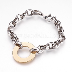 304 Stainless Steel Link Bracelets, with Lobster Claw Clasps, Ring, Golden & Stainless Steel Color, 9 inch~9-1/4 inch(23~23.5cm), 9.5~10mm