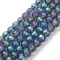 Brins de perles de cristal de quartz synthétique galvanisées, facette, ronde, bleu plaqué, 6mm, Trou: 1mm, Environ 63~66 pcs/chapelet, 15.16''~15.35'' (38.5~39 cm)