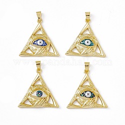 Natural Shell Pendants, Triangle Charms with Evil Eye, Dyed, with Rack Plating Golden Tone Brass Findings, Long-Lasting Plated, Mixed Color, 32x32.5x5.5mm, Hole: 6x4mm
