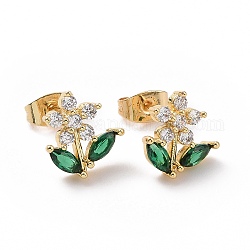 Boucles d'oreilles clous fleur de vie verte en oxyde de zirconium, bijoux en laiton pour femmes, or, 11x10.5mm, pin: 0.7 mm