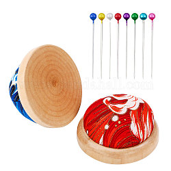 Globleland 2Pcs 2 Colors Cute Ball Shaped Wave Pattern Cotton Needle Cushion, Wooden Bottom Needle Holder Pillow, Sewing Tools, and 100Pcs Iron Head Pins, Mixed Color, Cushion: 70~72x37~38mm, Pins: 36mm