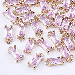 Encantos de cristal transparente, con fornituras de latón, facetados, Rectángulo, la luz de oro, rosa perla, 8.5x4x3mm, agujero: 1 mm