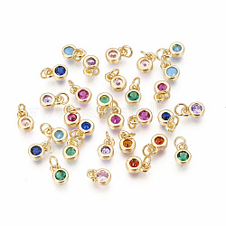 Brass with Single Cubic Zirconia Charms, Single Stone Charms, Flat Round, Golden, Mixed Color, 6.5x4.5x2mm, Hole: 2.5~3mm