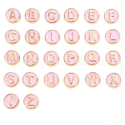 Legierung Emaille-Perlen, flach rund mit Brief, Licht Gold, rosa, 8x3.5 mm, Bohrung: 1.4 mm, 100 Stück / Beutel