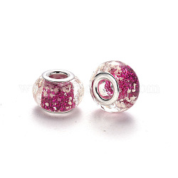 Perles européennes vernissées manuelles, perles de rondelle avec grand trou , avec double noyau en laiton scintillant et poudre de platine, camélia, 14~15x10~11mm, Trou: 5mm