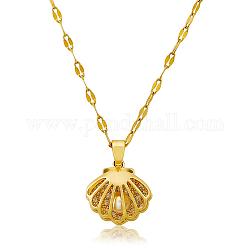 貝殻真珠のネックレスクリアキュービックジルコニアシェルケージダングルネックレス夏ホタテチョーカーチャームチタン鋼ジュエリー女性のためのビーチ  ゴールドカラー  15.75インチ（40cm）