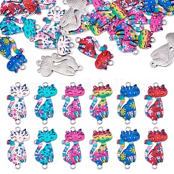 24 pièces 6 couleurs imprimé chaton connecteur breloques, liens de chat de dessin animé, platine, avec l'émail, couleur mixte, 29.5x16.5x2mm, Trou: 1.8mm, 4 pcs / couleur