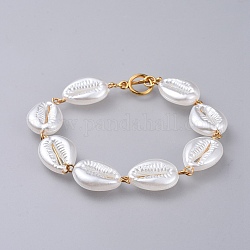 Acrílicos imitado pulseras de perlas, con 304 fornituras de acero inoxidable y cierres de palanca de aleación, forma de cáscara de cowrie, dorado, blanco, 7-7/8 pulgada (20 cm)