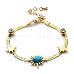 Bracelet à maillons ronds en étoile turquoise synthétique et strass avec chaînes à chevrons, placage ionique (ip) 304 bracelet en acier inoxydable, or, 6-1/4 pouce (15.8 cm)