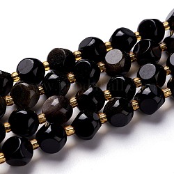 Natural Golden Sheen Obsidian Beads Strands, with Seed Beads, Six Sided Celestial Dice, 8~8.5x8~8.5x8~8.5mm, Hole: 0.5mm, about 40pcs/strand, 16.14''(41cm)