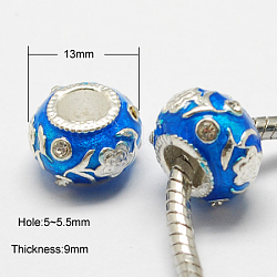 Alloy Enamel Beads, with Grade A Rhinestones, Large Hole Beads, Rondelle, Silver, Dodger Blue, 13x9mm, Hole: 5~5.5mm