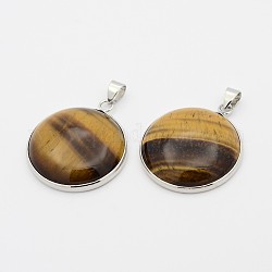 Natural Tiger Eye Half Round Pendant, with Platinum Plated Brass Finding, 34x29x8mm, Hole: 6x4mm