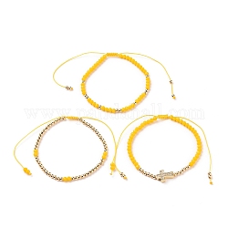Ensembles de bracelets de perles tressés avec cordon de nylon réglable, avec des perles en verre de graine, perles rondes en laiton et micro-pavé en laiton perles de croix en zircone cubique, jaune, diamètre intérieur : 2-1/4~ 4-1/8 pouce (5.6~10.5 cm), 3 pcs / Set.