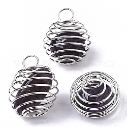 Pendentifs cage en spirale en fer, avec des perles d'améthyste naturelle à l'intérieur, ronde, platine, 21x24~26mm, Trou: 5mm