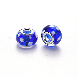 Perles européennes vernissées manuelles, perles de rondelle avec grand trou , en laiton de tonalité de platine noyaux doubles, bleu, 14~16x9~10mm, Trou: 5mm