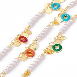 Handmade Eco-friendly Brass Enamel Ring & Flat Round Charms Chain, with Enamel & Glass Pearl Beaded, Real 18K Gold Plated, Lead Free & Cadmium Free, Soldered, with Spool, Colorful, 21.5x3mm