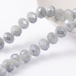 Rondelle facettes brins de perles de verre de galvanoplastie, jade d'imitation, fumée blanche, 10x8mm, Trou: 1mm, Environ 63~65 pcs/chapelet, 19.2~20 pouce (48~50 cm)