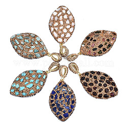 Polymer Clay Rhinestone Pendants, with Gemstone Chip/Natural Shell Chip and PU Leather, Horse Eye, Golden, PP12(1.8~1.9mm), 51~52x32~33x7~8mm,  Hole: 9mm