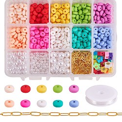 DIY Stretch Bracelets Making Kits, Flat Round & Round & Star 820Pcs Polymer Clay/ABS Plastic Beads, Brass Chains and Elastic Crystal Thread, Mixed Color, 6mm, Hole: 2mm