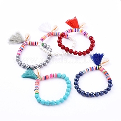 Bracelets élastiques à pampilles, perles de heishi en pâte polymère faites main, perles nacrées et perles nacrées naturelles, couleur mixte, 2-1/4 pouce (5.7 cm)