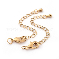 Long-Lasting Plated Brass Chain Extender, with Lobster Claw Clasps and Bead Tips, Real 24K Gold Plated, Clasps: 12x7x3mm, Hole: 3.5mm, Extend Chain: 65mm, ring: 5x1mm