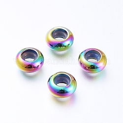 Perles en 202 acier inoxydable avec placage sous vide, avec du plastique, perles de curseur, perles de bouchage, rondelle, couleur arc en ciel, 9x4.5mm, Trou: 3mm