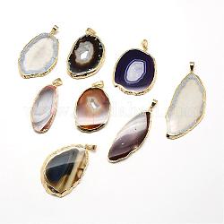 Natural Agate Pendants, with Golden Tone Brass Findings, Dyed, Nuggets, Mixed Color, 41~63x17~34x2.5~4.5mm, Hole: 3.5x5.5mm